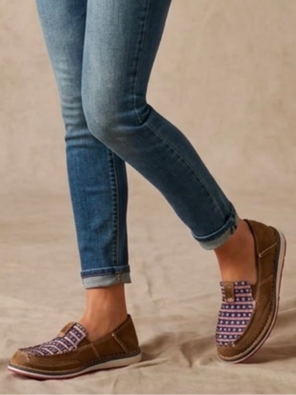 Ariat Brown Suede Loafers with Navy, Red & White Star Stripe Vamp